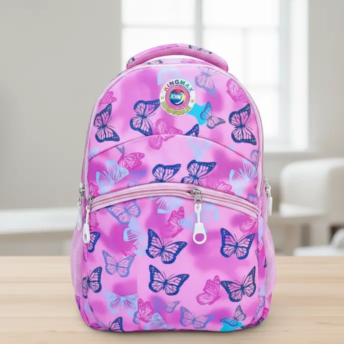 A fun and colorful Kingmax backpack for young girls, featuring an eye-catching pink and butterfly print. This durable bag is perfect for school and has multiple compartments to keep essentials organized.