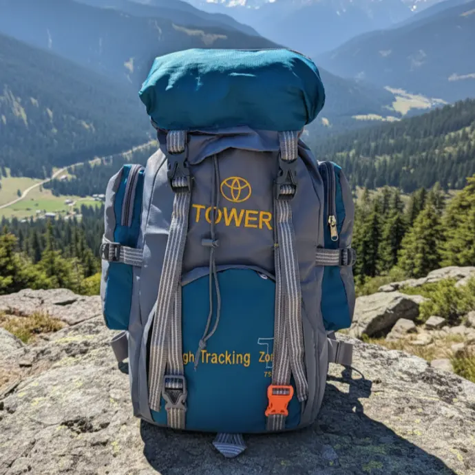 Large TOWER brand hiking and trekking backpack in gray and teal with multiple compression straps, side pockets, and a top-loading design, set on a rock with a mountainous outdoor background.