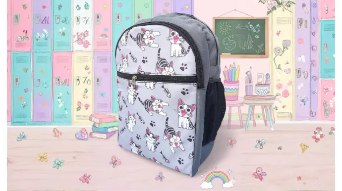Small gray kids&#39; backpack featuring an all-over cartoon kitten and fishbone print in black, white, and pink accents, with black zippers and a side mesh pocket, ideal for toddlers or preschool.